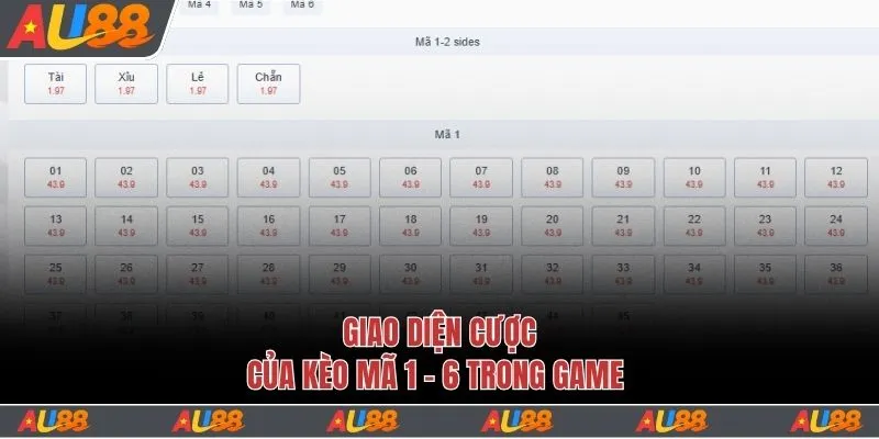 Giao diện cược mã 1 - 6 trong game